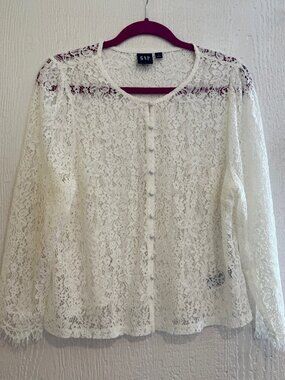 GAP White Lace Long Sleeve Top | Romantic Sheer Blouse | Size L